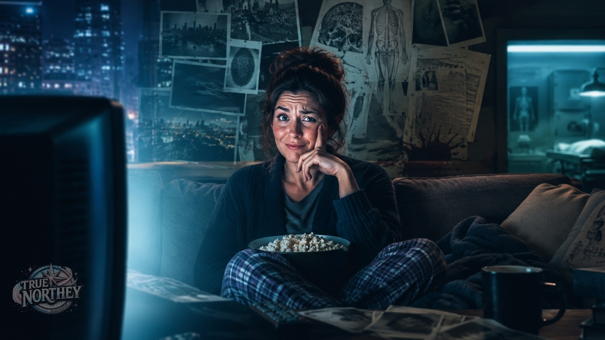 A woman watching a moody crime drama on TV with forensic-style images and a skeptical expression.
